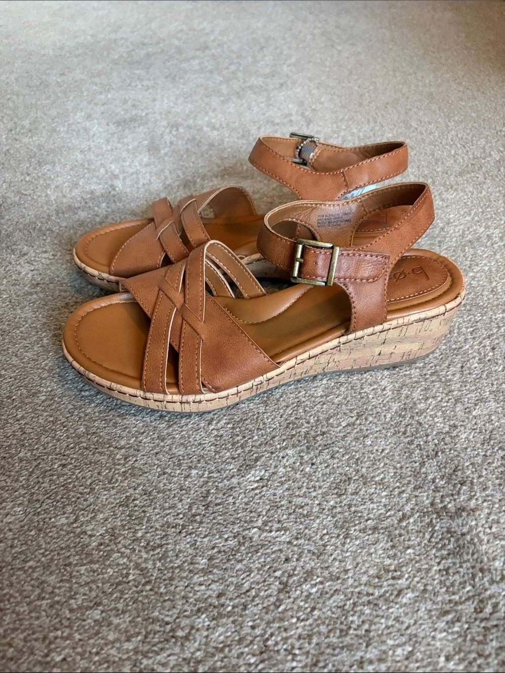 b.o.c. Tan Strappy Cork-Style Wedge Sandals women’s size 10